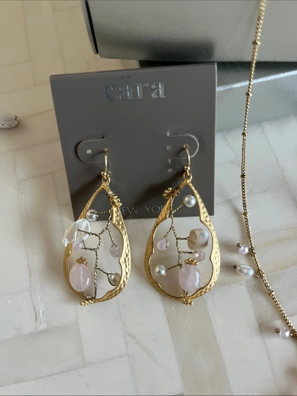 NWT Cara NY Gold-Tone Necklace and Drop Earring Set with Pale Pink &Pearl Stones